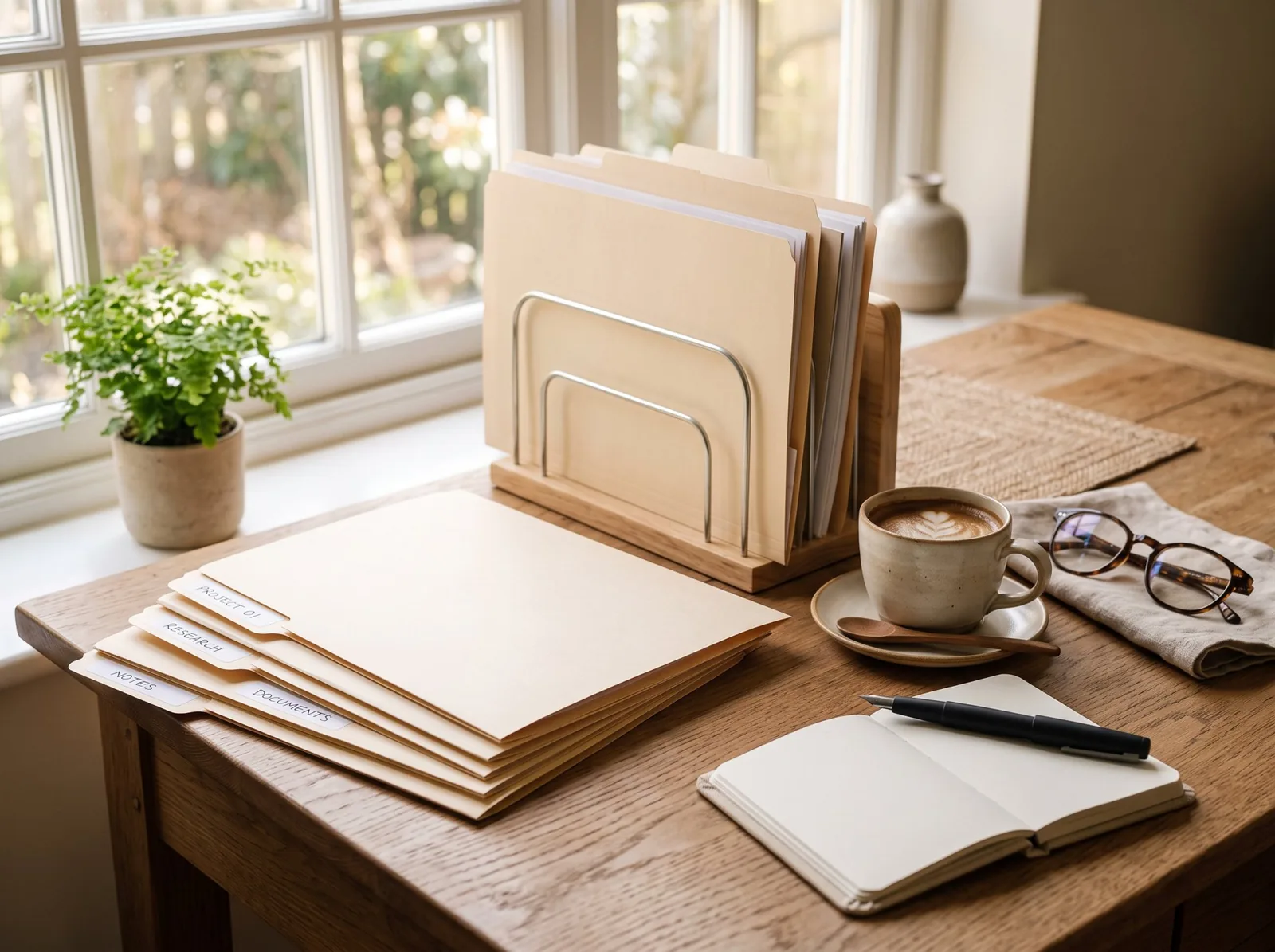 Tidy desk with labeled folders and a cup of coffee